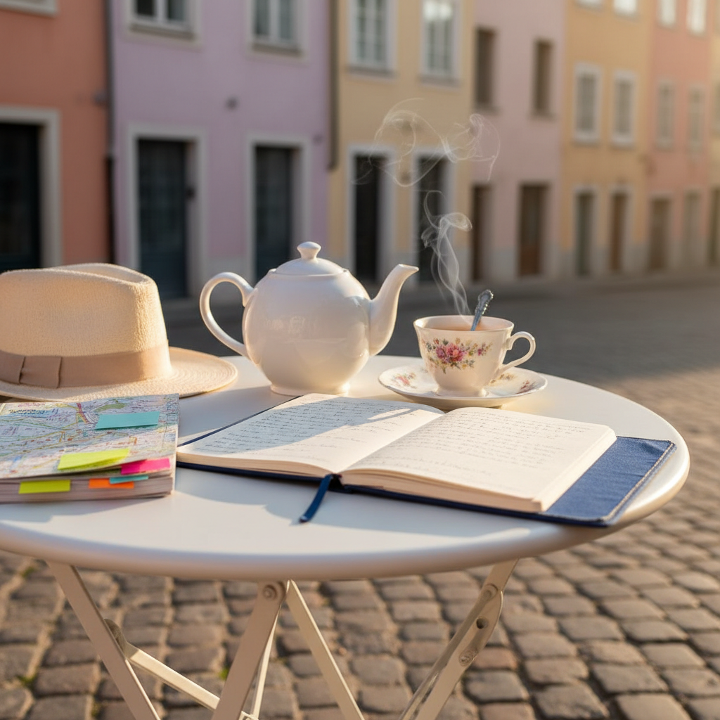 A small, round café table on a sunlit European terrace, topped with a steaming porcelain teapot, a delicate cup of tea, and an open, cloth-bound notebook filled with neatly written travel notes in dark ink. Nearby, a worn linen sunhat and a city guidebook with sticky notes peeking out rest on the table’s edge. Cobblestone pavement and pastel building facades appear softly blurred in the background. Golden hour light bathes the scene, creating warm highlights and gentle shadows that suggest unhurried exploration. Photographic realism, composed using the rule of thirds from a slightly elevated angle, conveys a serene, thoughtful atmosphere of slow, joyful travel in one’s eighties.