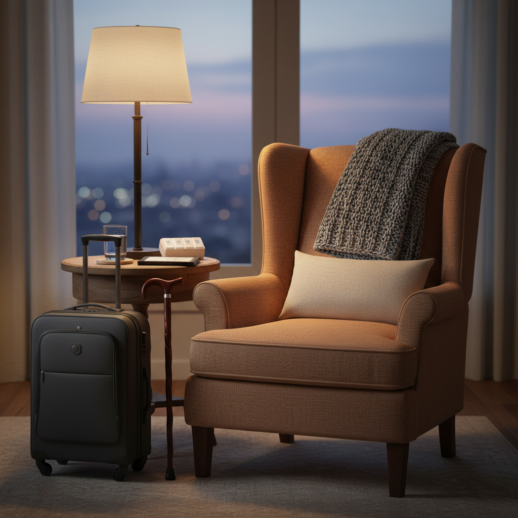 A cozy, softly lit living room corner featuring a high-backed, upholstered armchair draped with a neatly folded, woolen travel blanket and a small lumbar support cushion, set beside a compact rolling carry-on bag and a sturdy walking stick leaning against it. On the nearby side table sit a glass of water, a closed e-reader, and a small pill organizer, thoughtfully prepared for an upcoming trip. Warm lamplight creates gentle pools of light and soft shadows, while the window behind suggests twilight outside. Photographic realism with an eye-level composition and moderate depth of field, capturing a practical yet optimistic mood about traveling safely and comfortably in later years.