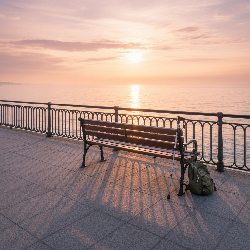 A coastal promenade scene at sunrise, captured without people, featuring an empty wooden bench facing a calm, shimmering sea. Beside the bench, a lightweight folding travel cane and a small daypack rest against the iron railing, implying an early-morning outing for an older traveler. The sky glows in pastel pinks and oranges, reflected on the gentle waves. Long, soft shadows stretch across the smooth stone walkway. Photographic realism, wide-angle view using the rule of thirds to place the bench off-center, with crisp detail in the foreground and slight haze in the distant horizon, creating a tranquil, hopeful atmosphere of continuity and resilience in aging travel.