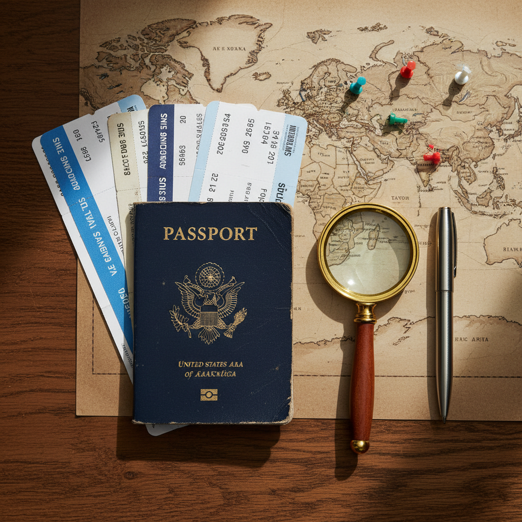 An elegantly aged passport with a slightly frayed navy-blue cover, surrounded by neatly stacked boarding passes, a compact magnifying glass, and a slim, stainless-steel travel pen arranged on a wooden writing desk. A detailed world map is spread beneath them, edges curling slightly with time, tiny flags pinned to various destinations. Soft, diffused morning light streams in from an unseen window, illuminating the textures of paper and leather, and creating subtle, directional shadows. Photographic realism with a top-down, flat-lay composition and sharp focus throughout, evoking a sense of organization, experience, and the quiet excitement of planning new journeys at an advanced age.